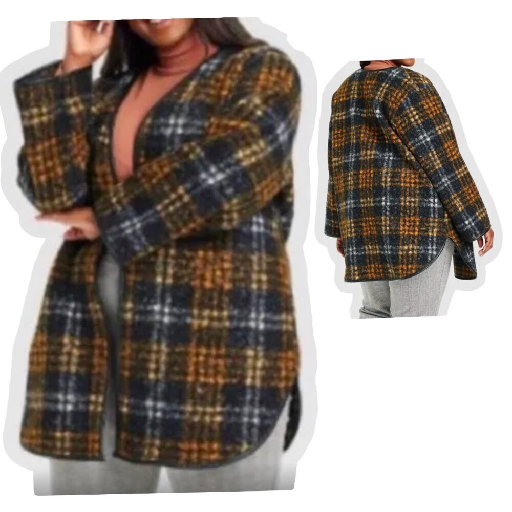 Ava & Viv Brown Cardigan Plaid Open Front Coatigan Size 4XL